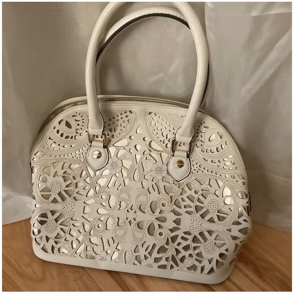 Call It Spring Cream and Gold Satchel with Elegant Floral Design